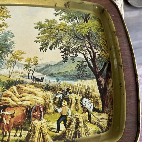 VINTAGE CURRIER & IVES HARVEST TIME METAL SERVING TRAY - Picture 6 of 8
